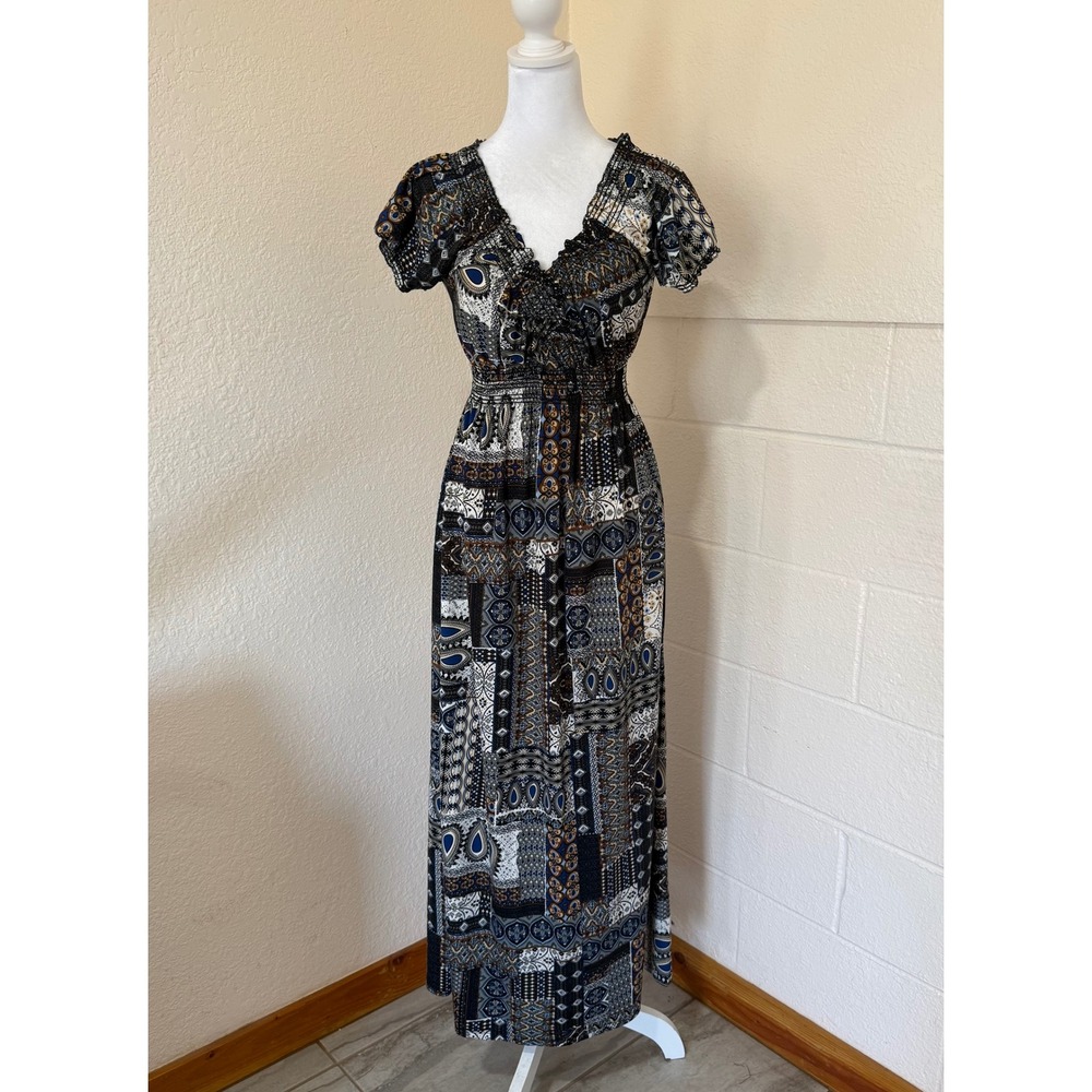 Lapogee Maxi Dress Womens Size M Multicolor Boho Paisley Smocked Waist Patchwork